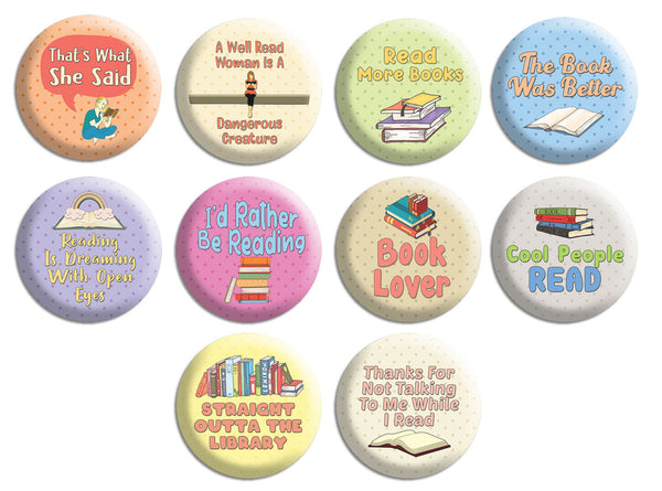 Pinback Buttons - Book Lovers Readers Badge (10-Pack) - Premium Quality Gift Ideas for Children, Teens, & Adults for All Occasions - Stocking Stuffers Party Favor & Giveaways