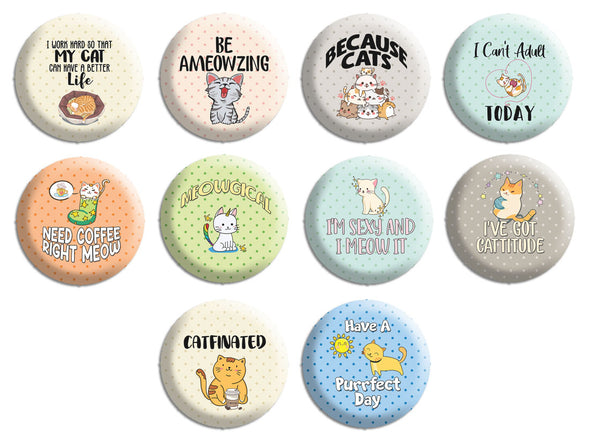 Creanoso Pinback Buttons - Cat Lovers Badge (10-Pack) - Stocking Stuffers Premium Quality Gift Ideas for Children, Teens, & Adults - Corporate Giveaways & Party Favors