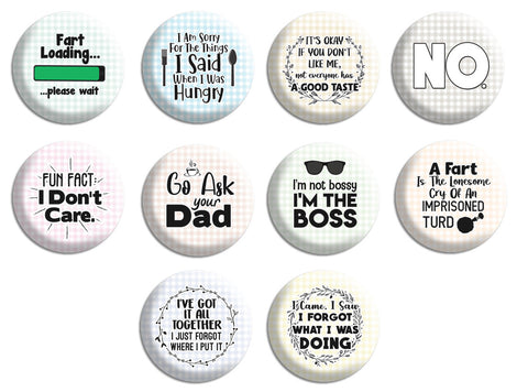 Creanoso Funny Pinback Buttons - Humorous Sayings (10-Pack) - Stocking Stuffers Premium Quality Gift Ideas for Children, Teens, & Adults - Corporate Giveaways & Party Favors