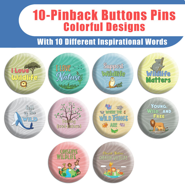 CreanosoI Love Wildlife Pinbuttons (10-Pack) - Premium Quality Gift Ideas for Children, Teens, & Adults for All Occasions - Stocking Stuffers Party Favor & Giveaways