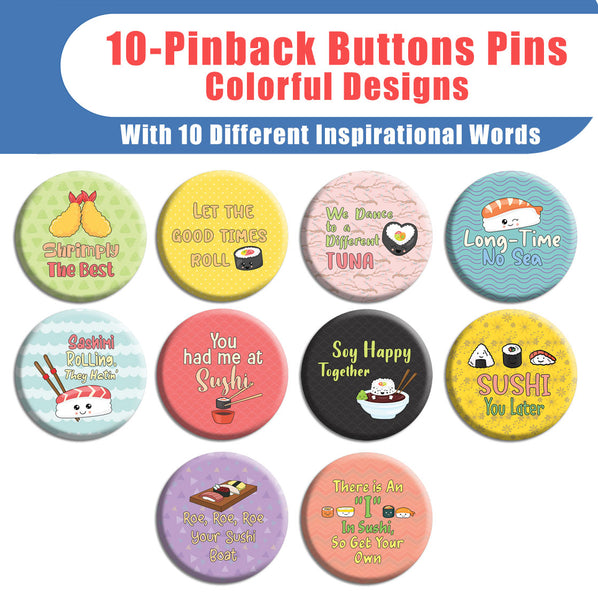 Creanoso Cute Sushi Pinback buttons (10-Pack) - Stocking Stuffers Premium Quality Gift Ideas for Children, Teens, & Adults - Corporate Giveaways & Party Favors