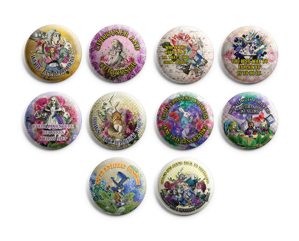 Alice in Wonderland Pinback Buttons (10-Pack) Ã¢â‚¬â€œ Large 2.25" Unique Badge Pins for Men Women Teens Kids Girls Stocking Stuffers