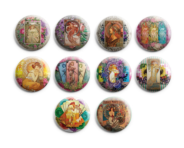 Pinback Buttons - Alphonse Mucha Art Nouveau (10-Pack)