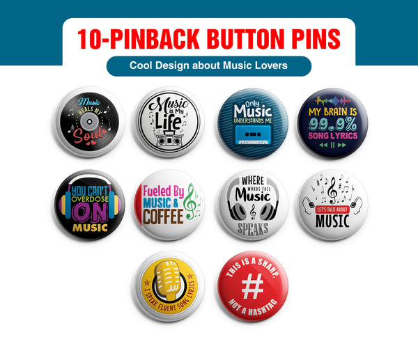 Creanoso Pinback Buttons - Music Lovers Pin Badge (10-Pack) - Large 2.25" Pins Badges for Music Lovers