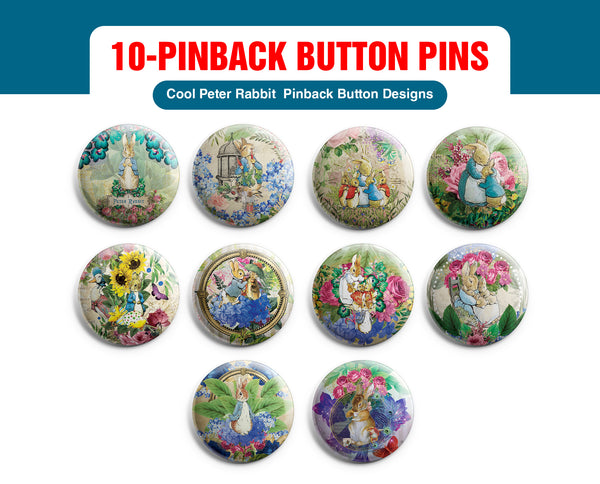 Peter Rabbit Pinback Buttons (10-Pack) - Large 2.25" Pins Badge for Men Women