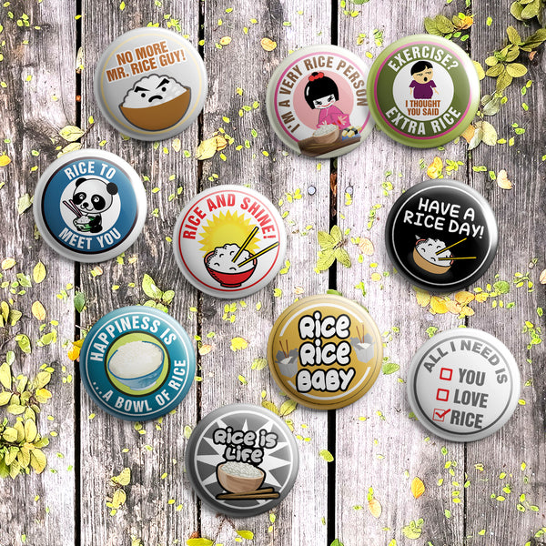 Have a RICE DAY Funny Illustration Pinback Buttons (10-Pack) - Large 2.25" Rice Lover , Boys and Girls Cute Designs Pins Badge
