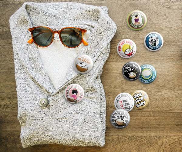 Have a RICE DAY Funny Illustration Pinback Buttons (10-Pack) - Large 2.25" Rice Lover , Boys and Girls Cute Designs Pins Badge