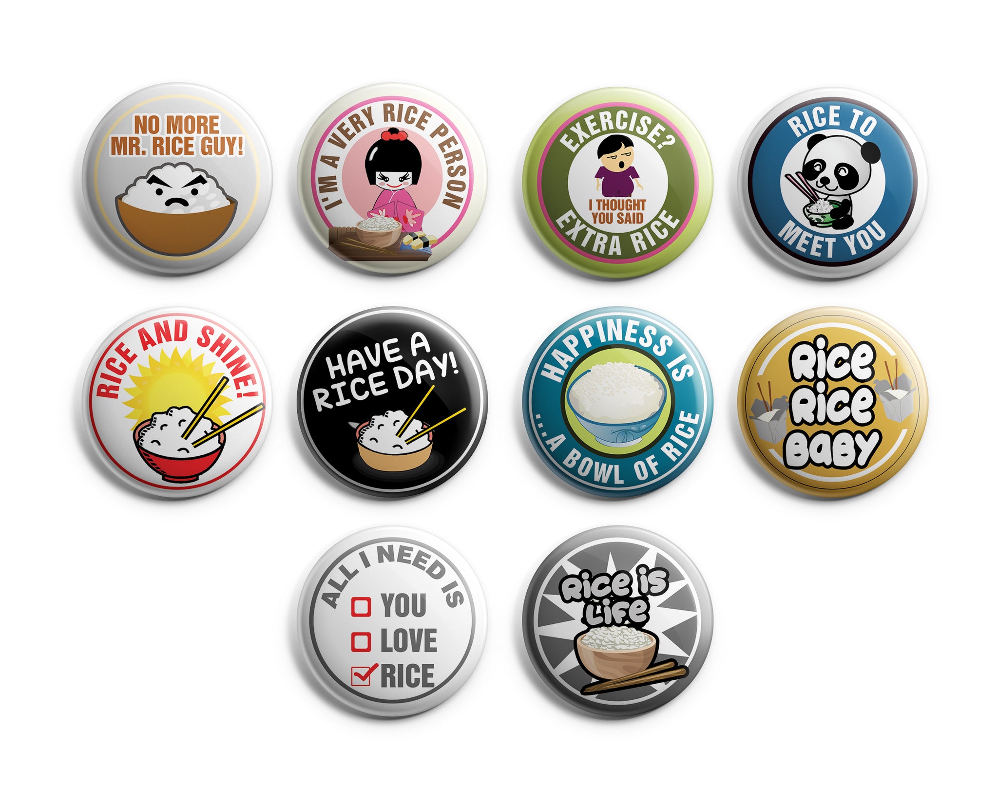 Have a RICE DAY Funny Illustration Pinback Buttons (10-Pack) - Large 2.25" Rice Lover , Boys and Girls Cute Designs Pins Badge