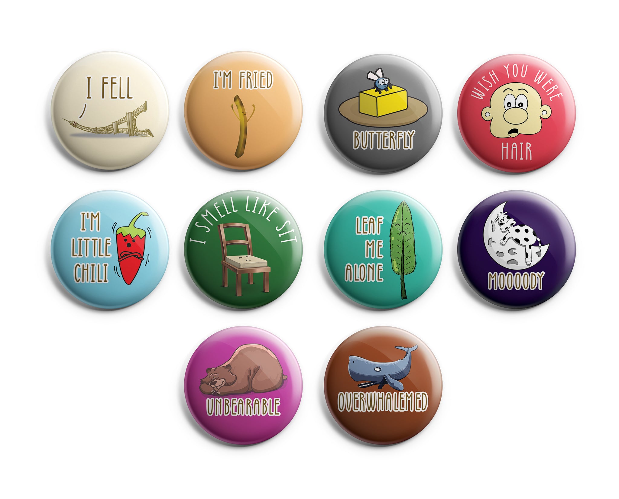Funny Minimalist Illustration Button Pins (10 Pack) - Large 2.25" Boys and Girls Cute Designs Pins Badge