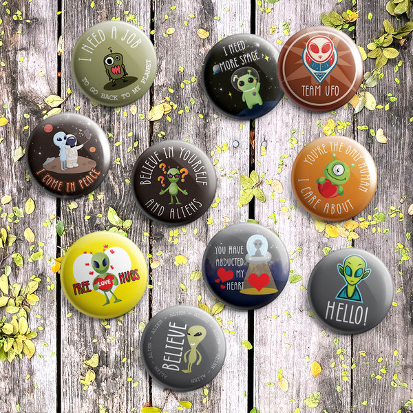 Funny Aliens Pinback Button Pins (10 Pack) - Large 2.25" Funny Aliens for Boys and Girls Cute Designs Pins Badge