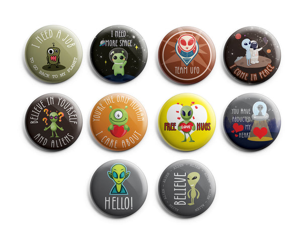 Funny Aliens Pinback Button Pins (10 Pack) - Large 2.25" Funny Aliens for Boys and Girls Cute Designs Pins Badge