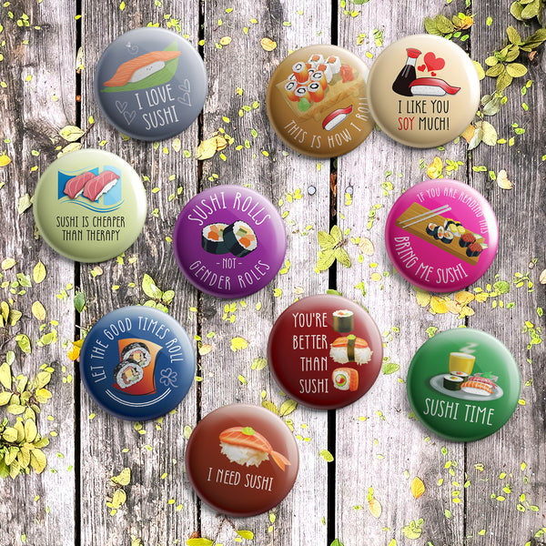 Funny Sushi Badge Button Pins (10 Pack) Large 2.25" Funny Sushi for Boys and Girls Cute Designs Pins Badge