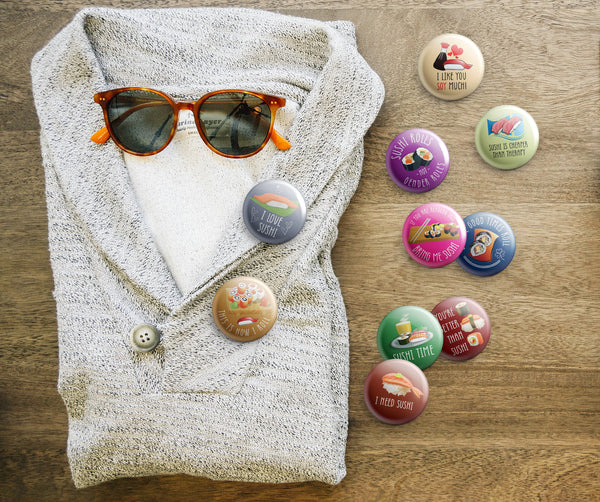 Funny Sushi Badge Button Pins (10 Pack) Large 2.25" Funny Sushi for Boys and Girls Cute Designs Pins Badge