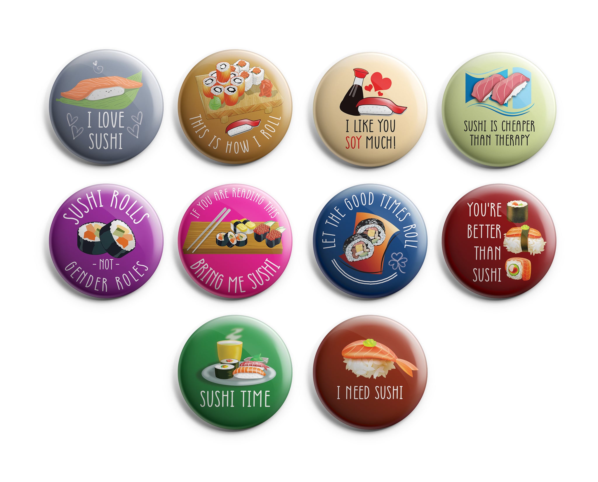 Funny Sushi Badge Button Pins (10 Pack) Large 2.25" Funny Sushi for Boys and Girls Cute Designs Pins Badge