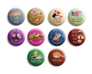 Funny Sushi Badge Button Pins (10 Pack) Large 2.25" Funny Sushi for Boys and Girls Cute Designs Pins Badge