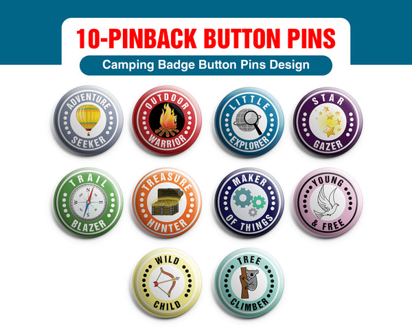 Camping Badge Button Pins (10 Pack) - Large 2.25" Camping Badge for Boys and Girls Cute Designs button pins