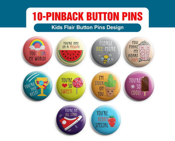 Kids Flair Button Pins (10 Pack) - Large 2.25" Boys and Girls Cute Designs Button pins