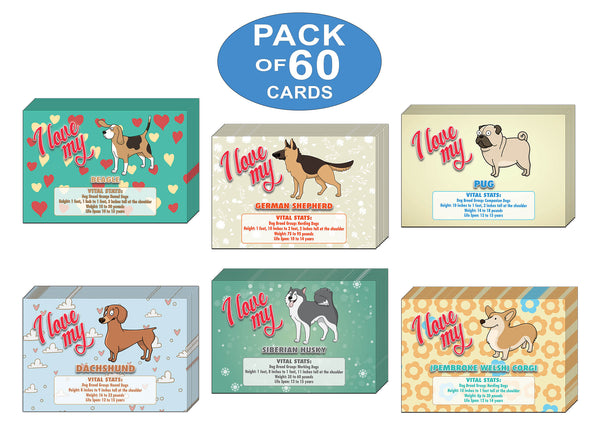 Creanoso Six Greeting Card Designs I Love My Dog Postcards (60-Pack) Ã¢â‚¬â€œ Assorted Quality Card Stock Set Ã¢â‚¬â€œ Premium Stocking Stuffers Gift Ideas Ã¢â‚¬â€œ Six Dogs with Vital Stats