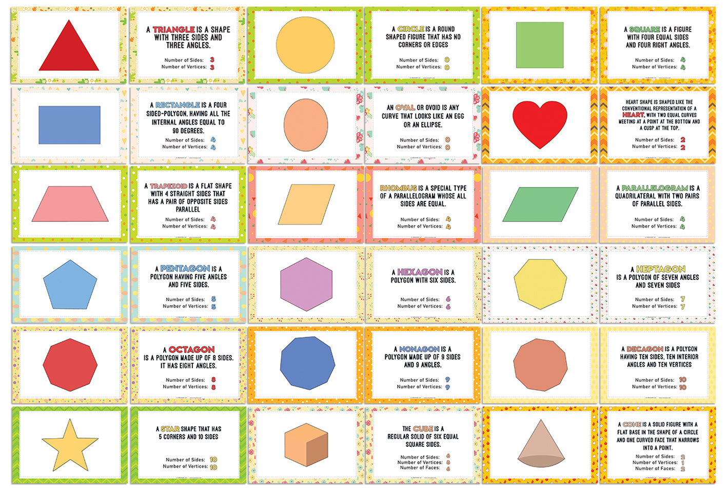Colorful 18 Different Shapes Learning Notecards (54-Pack)