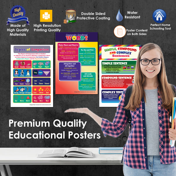 Creanoso English Basic Vocabulary and Grammar Educational Learning Posters for Preschool (6-Pack) â€“ Home Schooling Charts for Kids, Boys, Girls â€“ Premium Teaching Tool Set for Daycares, Home Tutorial
