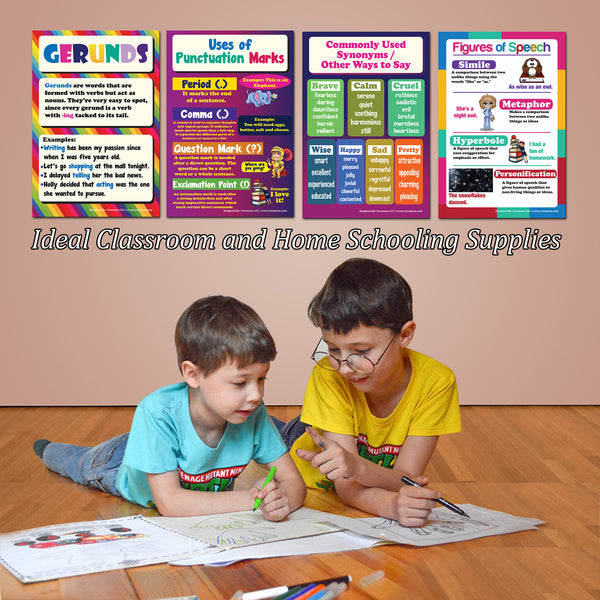 Creanoso English Basic Vocabulary and Grammar Educational Learning Posters (24-Pack) â€“ Home Savers Bulk Pack High Quality Parent Teaching Set for Toddlers, Boys, Girls â€“ Wall Chart