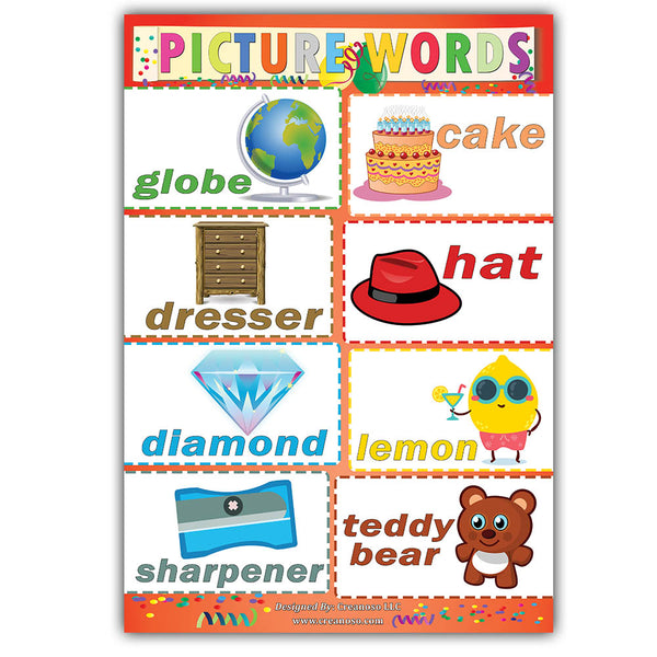 Creanoso Educational Picture Words Learning Posters for Kids Bulk Set - Suitable for Kids Boys Girls - Unique Home Teaching Assistance Set