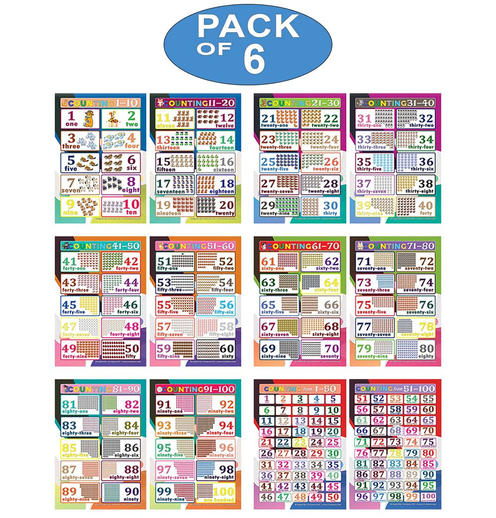 Creanoso Counting Numbers 1-100 Learning Posters (6-Pack) - Pretty Favors Teacher Teaching Supply