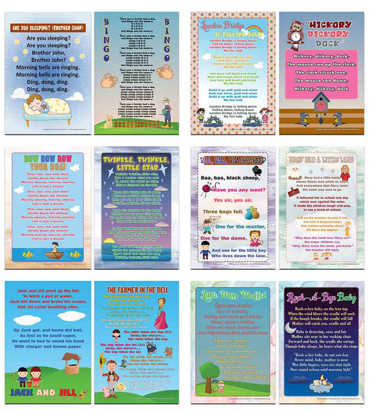 Creanoso Nursery Rhymes Series 1 Educational Posters (12-Pack) â€“ Home Learning Charts for Kids