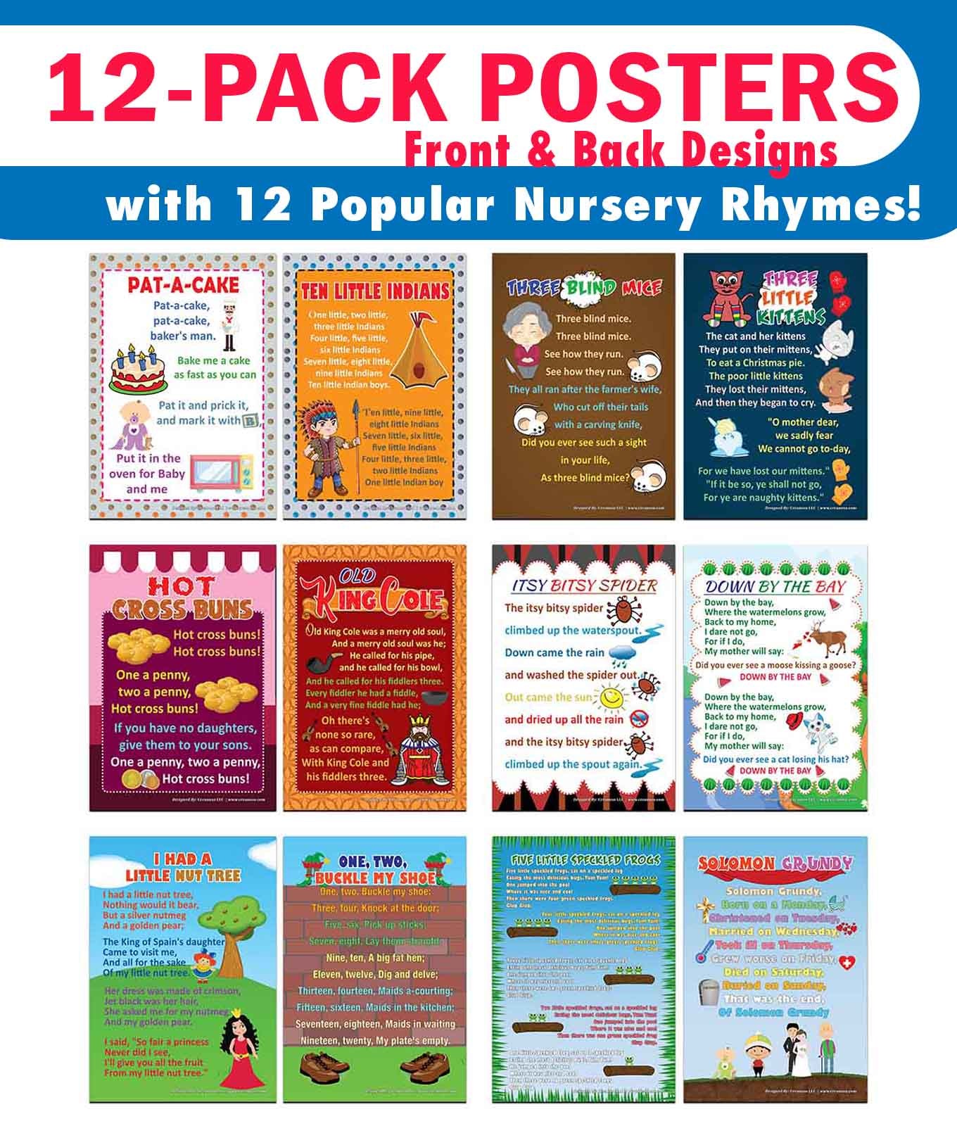 Creanoso Nursery Rhymes Educational Posters Series 3 (12-Pack) - Home Teaching Bulk Value Pack