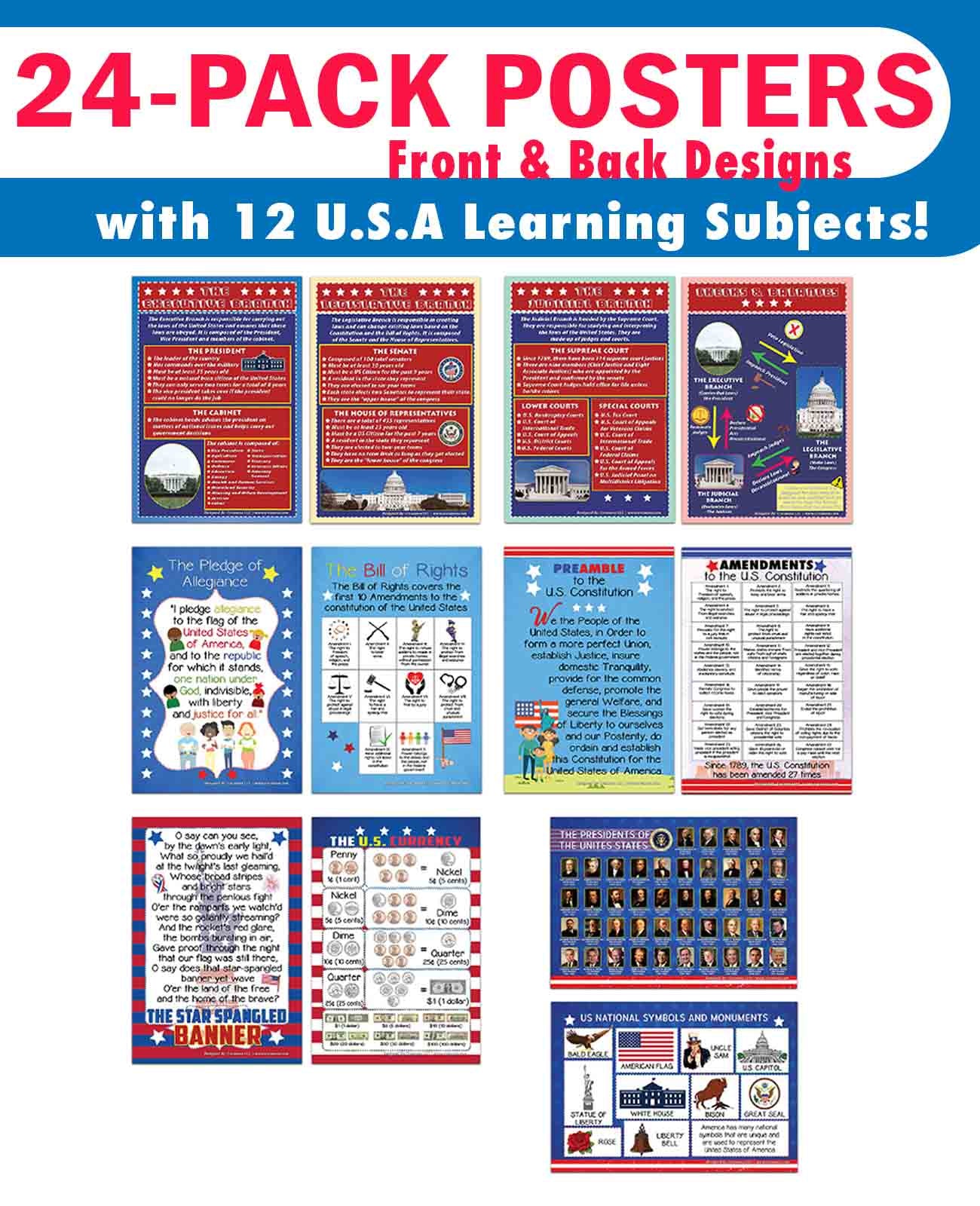 Creanoso USA Fun Facts Educational Learning Posters (24-Pack) - Bulk Set Teacher Teaching Supply
