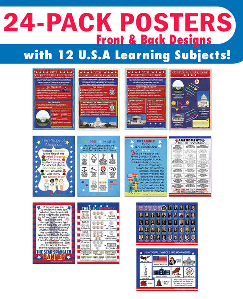 Creanoso USA Fun Facts Educational Learning Posters (24-Pack) - Bulk Set Teacher Teaching Supply