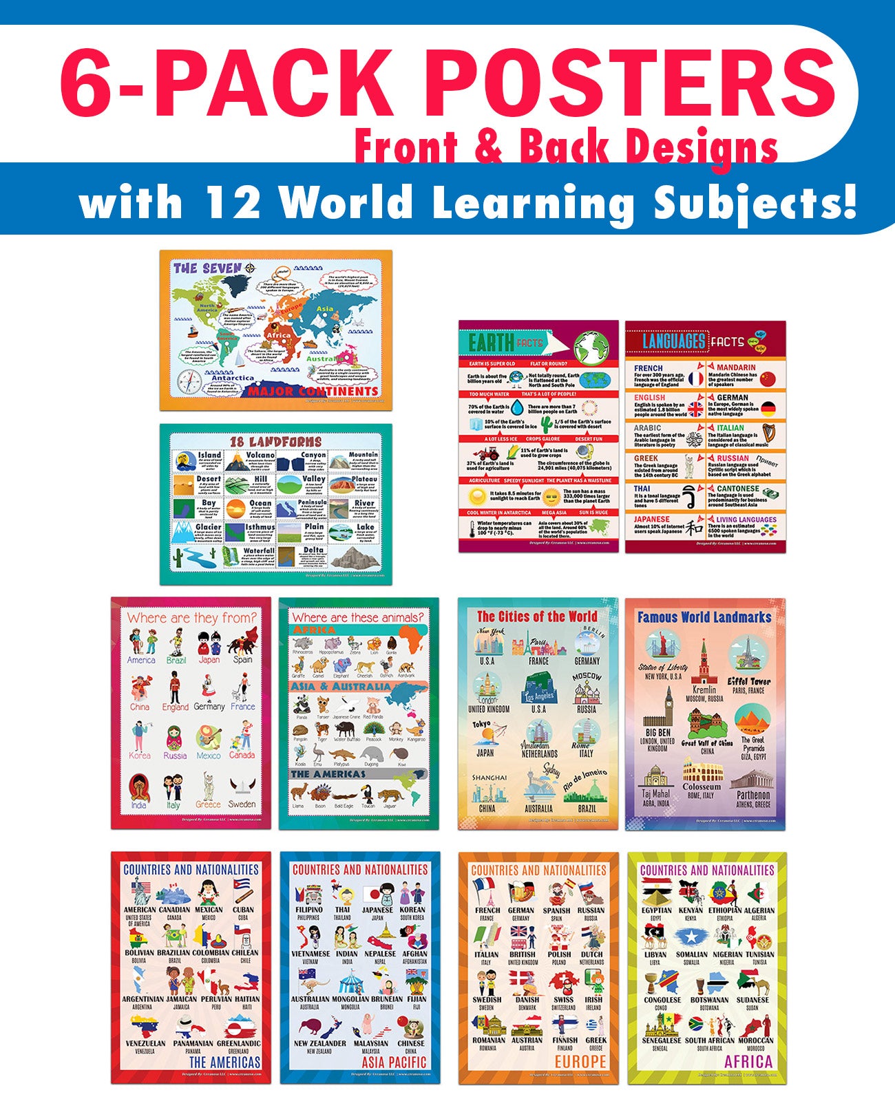 Creanoso Word Facts Learning Posters for Kids Bulk Set (6-Pack) - Pretty Favors Teacher Teaching Supply