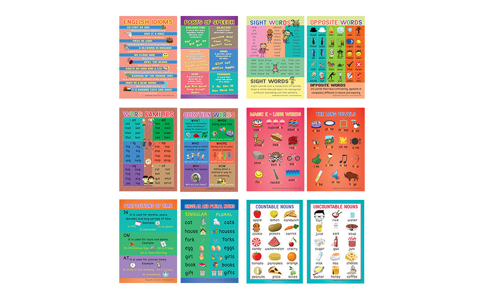 English Learning Posters - 6-Pack Educational Charts For Kids & Classroom