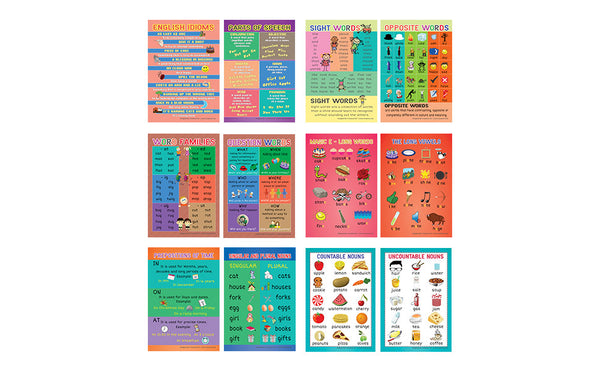 Fun English Learning Words Educational Posters (12-Pack)