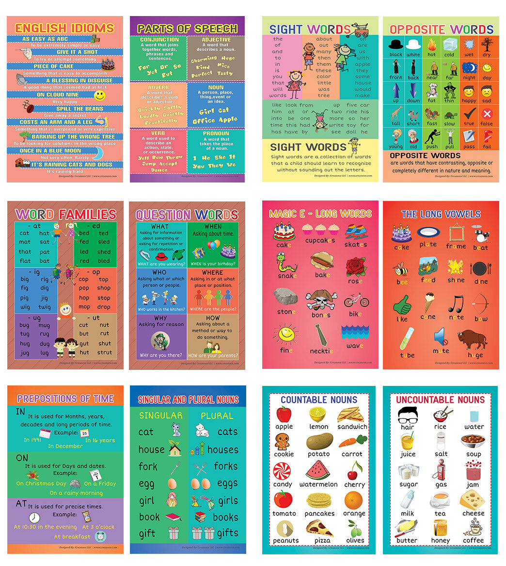 Fun English Learning Words Educational Posters (24-Pack)