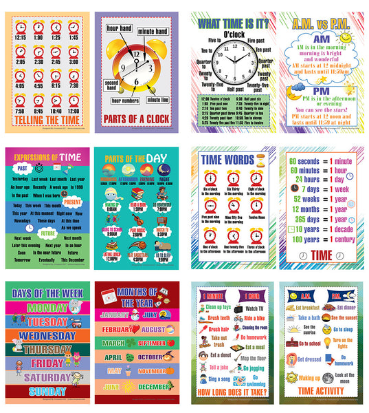 Telling Time Educational Learning Posters (24-Pack)