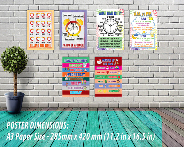 Telling Time Educational Learning Posters (6-Pack)