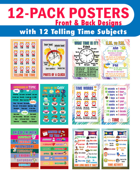 Telling Time Educational Learning Posters (12-Pack)