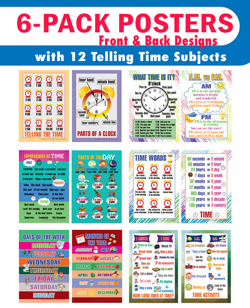 Telling Time Educational Learning Posters (6-Pack)