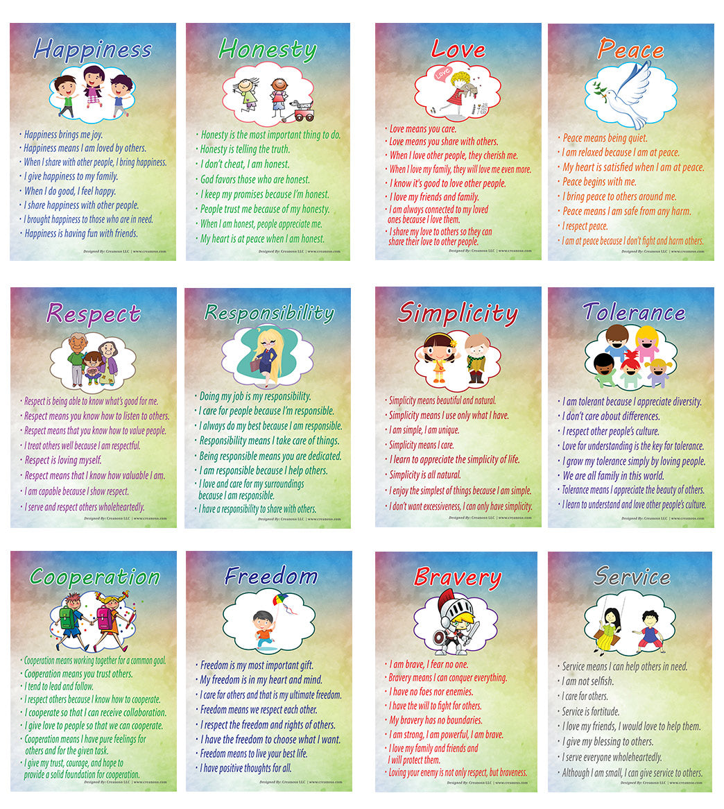 Creanoso Good Values for Kids Series 1 Educational Learning Posters (12-Pack) â€“ Design Gifts Ideas for Kids Boys Girls â€“ Fun Activities Stocking Stuffers â€“ Teaching Set â€“ Supplementary Home Schooling