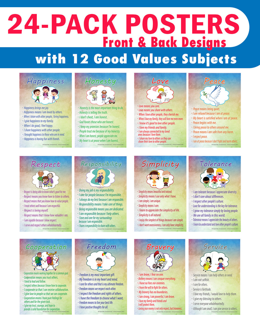 Creanoso Good Values Learning Posters for Kids Bulk Set (24-Pack) - Pr