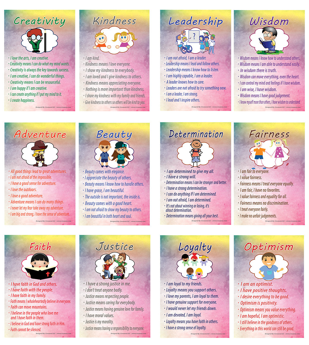 Creanoso Good Values for Kids Series 2 Educational Learning Posters (12-Pack) â€“ Design Gifts Ideas for Kids Boys Girls â€“ Fun Activities Stocking Stuffers â€“ Teaching Set â€“ Supplementary Home Schooling