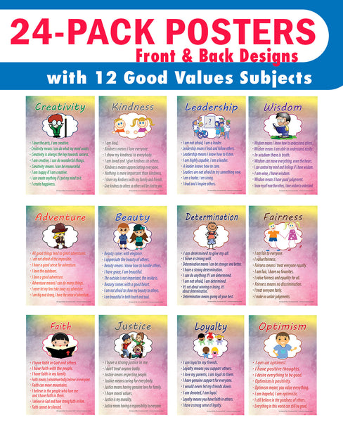 Creanoso Good Values Learning Posters for Kids Bulk Set Series 2 (24-Pack) - Pretty Favors Teacher Teaching Supply - Stocking Stuffers Gifts for Boys Girls Home Activities - High Quality Designs