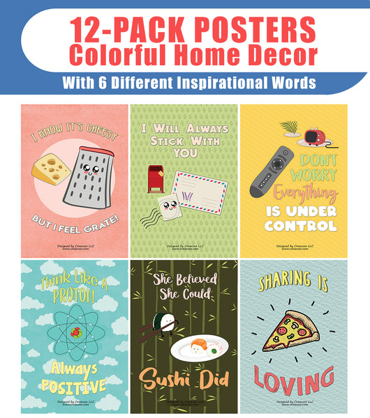 Creanoo Inspiring Puns Home Posters (12-Pack) - House Decoration and Wall Design Stocking Stuffers Party Favors & Giveaways for Teens & Adults