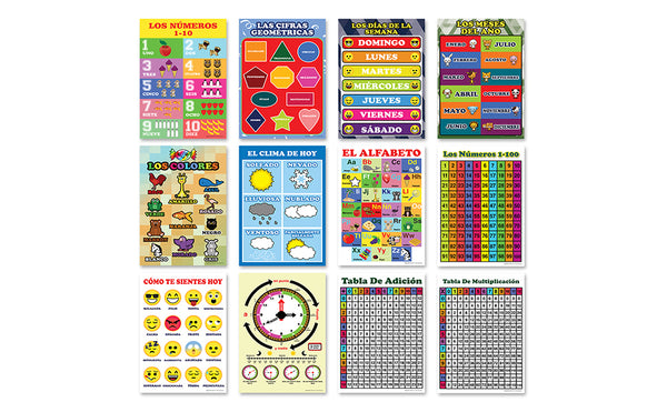 Spanish English Bilingual Numbers, Colors, Days of the Week, Months Educational Posters (12-Pack)