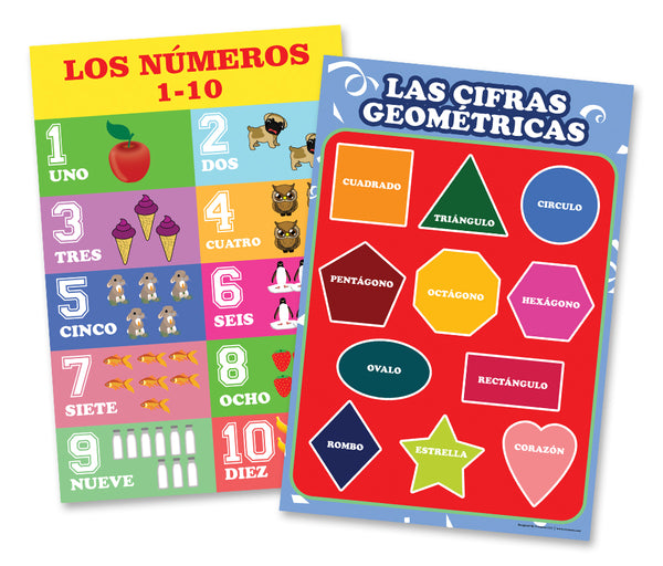 Spanish English Bilingual Numbers, Colors, Days of the Week, Months Educational Posters (12-Pack)