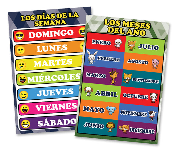 Spanish English Bilingual Numbers, Colors, Days of the Week, Months Educational Posters (12-Pack)