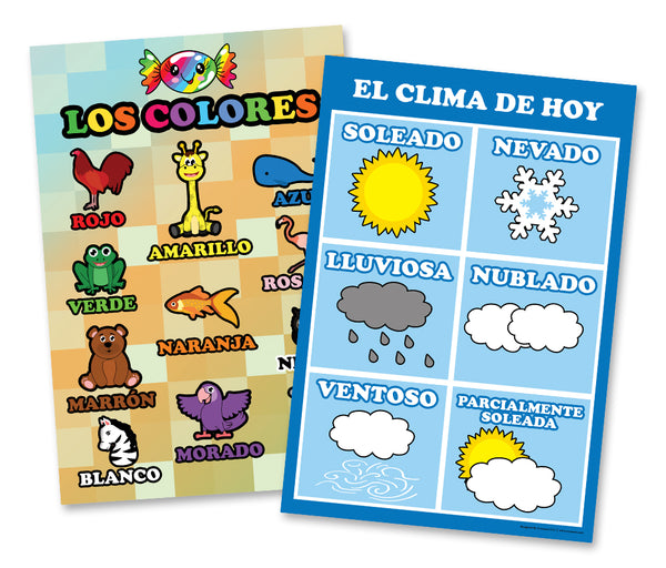 Spanish English Bilingual Numbers, Colors, Days of the Week, Months Educational Posters (12-Pack)