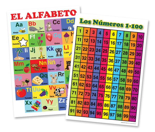 Spanish English Bilingual Numbers, Colors, Days of the Week, Months Educational Posters (12-Pack)