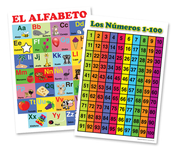 Spanish English Bilingual Numbers, Colors, Days of the Week, Months Educational Posters (24-Pack)